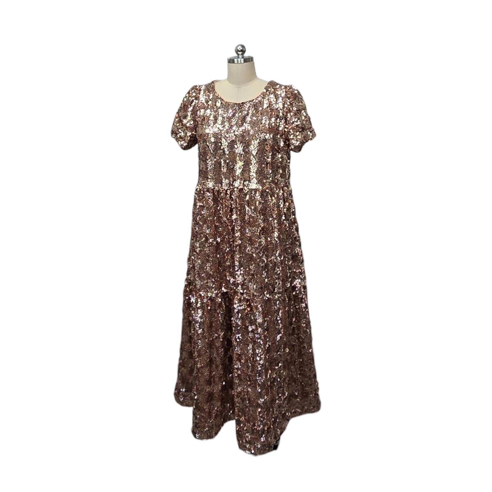 Maeve Anthropologie Rose Gold Sequin Tiered Maxi Dress Pink Short Sleeve Small